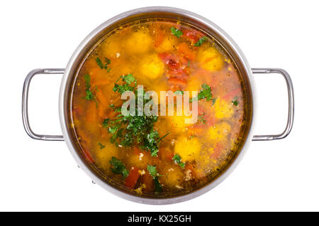 Pan mit Gemüsebrühe und Fleischbällchen Stockfoto