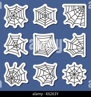 Spider Web Icon Sticker Set. Spinnennetz schwarz auf weißen Abzeichen Spiderweb Print, Plakat, Label isoliert Sammlung Patchwork, Scrapbook ziehender Schnitt Stock Vektor