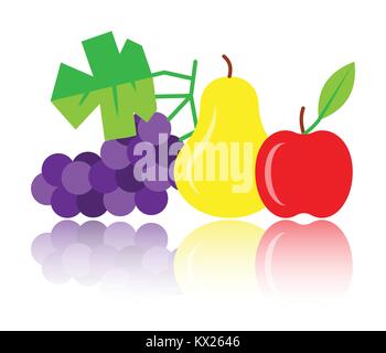 Bunte Birne, Apfel, Weintrauben Symbol mit Reflexion Schatten. Thanksgiving Symbol flache Design anmelden. Obst Farbe, Logo, Print, Karte, Label grafisches Konzept. Stock Vektor