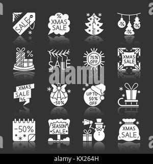 Weihnachtszeit Verkauf weiße Silhouette mit Reflexion Icon Set. Vektor Spiel monochrome flache Design symbol Collection. Einfache grafische Piktogramm p Stock Vektor