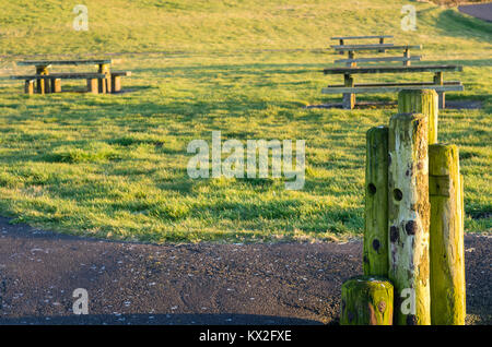 Pfähle und Picknicktische am Straßenrand Rastplatz auf der Oregon Küste Stockfoto