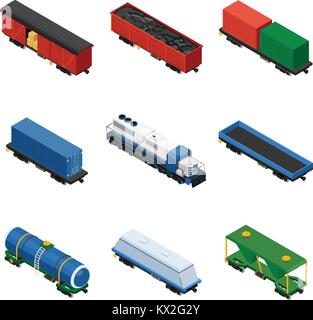 Züge isometrische Eingestellt von Güterzügen aus Lokomotiven, Plattformen für den Transport von Containern, Planwagen, Zisternen, und Schienenfahrzeuge Stock Vektor