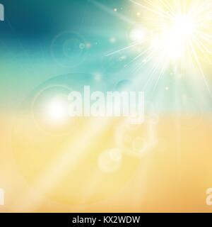 Sonne Sommer und Strand glänzende Sonne vom Himmel Natur mit Lens Flares vector Hintergrund Stock Vektor