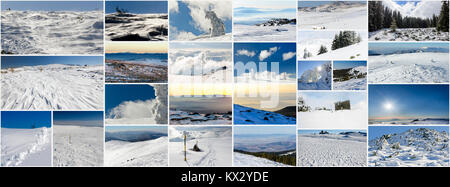 Collage aus verschiedenen Snowy Mountains Fotos, Seitenverhältnis für soziales Netzwerk cover photo Stockfoto