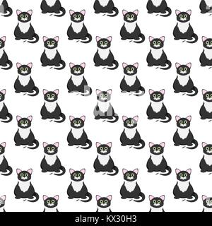 Nahtlose Muster mit Katzen im Comic-stil. Schwarze Katzen isoliert auf weißem Hintergrund. Stock Vektor