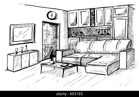 Hand gezeichnet. Lineare Skizze einer inneren. Raumplan. Vector Illustration Stock Vektor