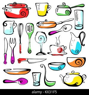 Satz von Hand gezeichnet Kochgeschirr. Vector Illustration Stock Vektor