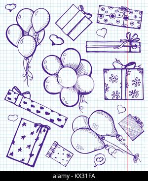 Ballons und Geschenke auf einem Notebook. Vector Illustration in einer Skizze Stil Stock Vektor