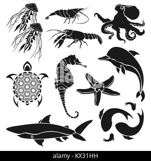 Schwarze Silhouetten verschiedener Meeresbewohner. Garnele, Krebs, Qualle, Seepferdchen, Fische und andere Lebewesen auf weißem Hintergrund. Vektor illustr Stock Vektor