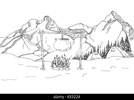 Berglandschaft. Zelte und ein Lagerfeuer auf dem Hintergrund der Wald und die Berge. Vector Illustration einer Skizze Stil. Stock Vektor