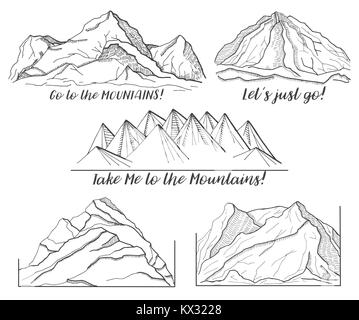 Satz von verschiedenen Bildern mit Bergen. Vector Illustration einer Skizze Stil. Stock Vektor