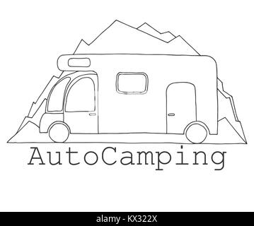 Camper auf dem Hintergrund der Berge. Wappen, logo Auto Camping. Hand gezeichnet Vector Illustration einer Skizze Stil. Stock Vektor