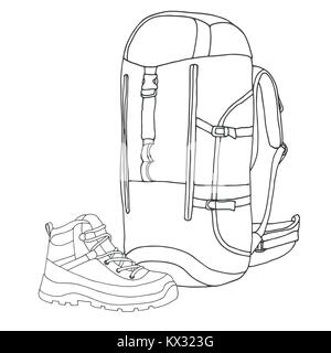Tourist Rucksack, Boot. Ausrüstung für die Wanderung. Hand gezeichnet Vector Illustration einer Skizze Stil. Stock Vektor