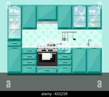 Küche Interieur mit Möbeln und Geräten. Vektor flachbild Abbildung. Stock Vektor