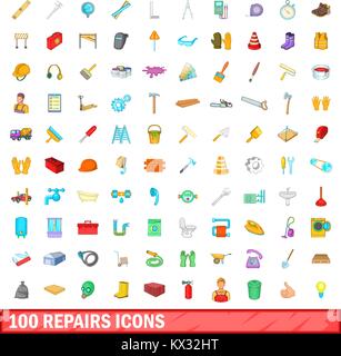 100 Reparaturen Symbole, Cartoon Stil Stock Vektor