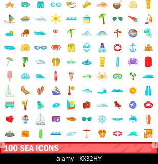 100 Meer Icons set, cartoon-Stil Stock Vektor