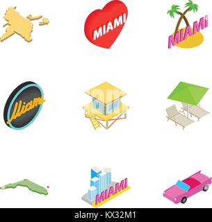 Miami Icons Set, isometrischen 3d Stil Stock Vektor