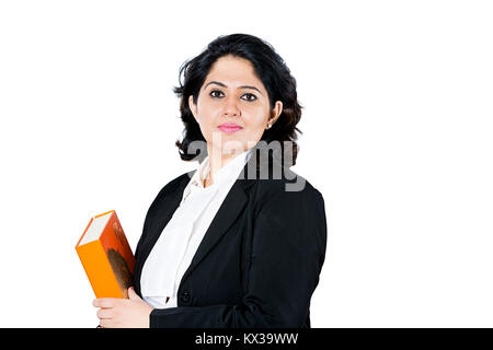 Indische Rechtsanwalt Woman Holding Gesetz Buch Weisheit Stockfoto
