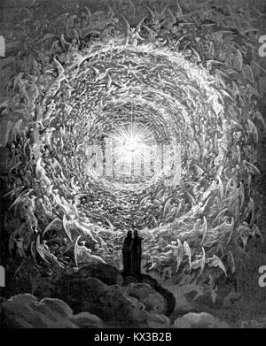 Ein Kupferstich von Gustave Doré, der Canto 31 von Dante Alighieris Paradiso darstellt, Teil der Göttlichen Komödie. Die Illustration veranschaulicht Dantes himmlische Reise und die spirituelle Symbolik des Himmels. Stockfoto