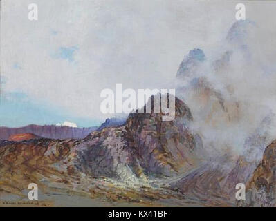 Dieses Gemälde von David Howard Hitchcock aus dem Jahr 1916 zeigt den Rand des Kraters Haleakalā in Hawaii bei Sonnenaufgang. Das Kunstwerk fängt die vulkanische Landschaft ein und ist Teil von Hitchcocks Serie über hawaiianische Vulkane. Stockfoto