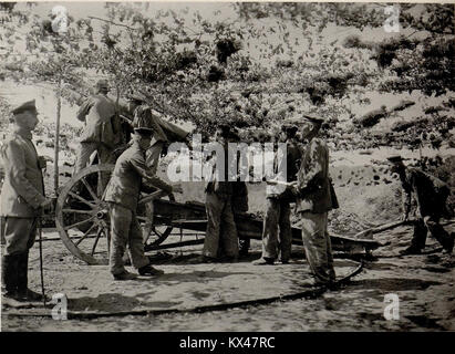 Eine deutsche 88-mm-Flugabwehrkanone in Tarnposition während des Zweiten Weltkriegs, die Militärtechnologie und Tarntaktiken demonstriert. Stockfoto