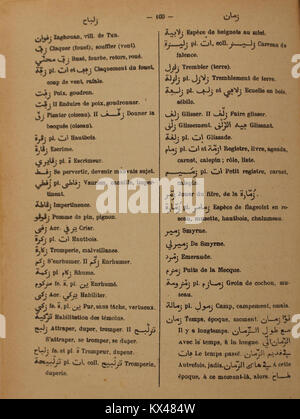 Ein französisch-arabisches Wörterbuch von Alfred Nicolas, das 1938 veröffentlicht wurde und zweisprachige Übersetzungen und Definitionen bietet, die die sprachliche Interaktion und kulturelle Verbindung zwischen Arabisch und Französisch hervorheben. Stockfoto
