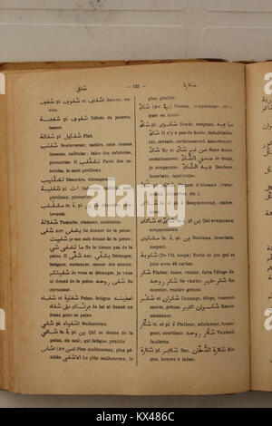 Seite 132 von Alfred Nicolas' Arabisch-französischem Wörterbuch von 1938, in dem arabische Wörter mit ihren französischen Entsprechungen und grammatischen Anmerkungen dargestellt werden. Stockfoto