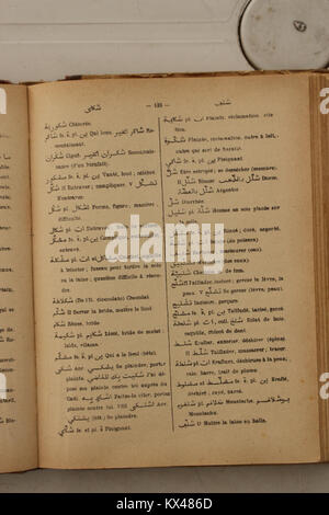 Diese Seite von Nicolas' Französisch-Arabisch Wörterbuch 1938 bietet Übersetzungen und sprachliche Einblicke und hebt die Verbindungen zwischen Arabisch und Französisch hervor. Stockfoto