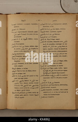 Diese Seite aus Alfred Nicolas' Arabisch-Französisch-Wörterbuch 1938 bietet Übersetzungen, Definitionen und Hinweise zur Verwendung für das arabische und französische Vokabular. Stockfoto