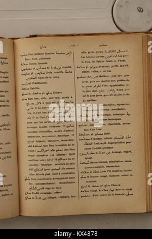 Seite 149 des Arabisch-Französischen Wörterbuchs von Alfred Nicolas aus dem Jahr 1938, das detaillierte Übersetzungen, Definitionen und Beispiele für arabische Wörter auf Französisch bietet. Stockfoto