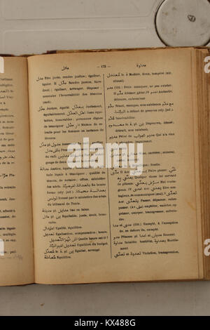 Seite 173 von Alfred Nicolas' Arabisch-Französisch-Wörterbuch von 1938, das arabische Begriffe mit ihren französischen Übersetzungen und grammatischen Details zeigt. Stockfoto