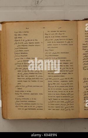 Diese Seite enthält Einträge aus Alfred Nicolas Wörterbuch 1938, das arabische Wörter, französische Übersetzungen und Verwendungsbeispiele zeigt. Stockfoto