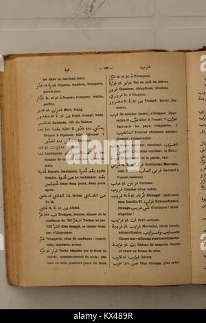 Seite 196 von Alfred Nicolas' Arabisch-Französisch-Wörterbuch von 1938, das Übersetzungen arabischer Begriffe ins Französische enthält und als sprachliche Referenz dient Stockfoto