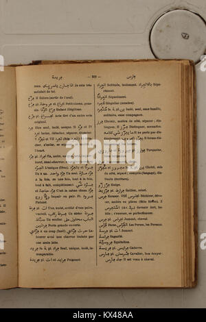 Ausgabe von Alfred Nicolas' Arabisch-Französisch Wörterbuch 1938 mit umfassenden Übersetzungen und Erklärungen, die das Verständnis sprachlicher und kultureller Nuancen erleichtern Stockfoto