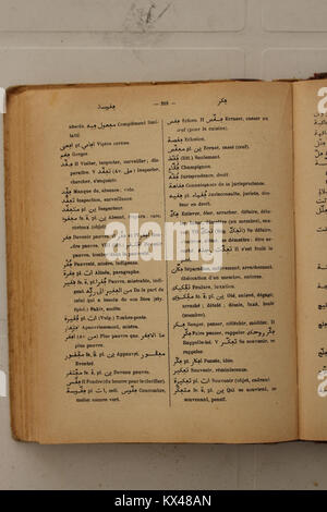 Französisch-Arabisch-Wörterbuch von Alfred Nicolas im Jahr 1938, Seite 218, das Übersetzungen und sprachliche Details zwischen Arabisch und Französisch für das Sprachenlernen bietet Stockfoto