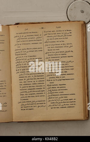 1938 Arabisch-Französisch Wörterbuchseite von Alfred Nicolas mit Wortübersetzungen, Definitionen und Anwendungsbeispielen, die das Erlernen von Sprachen und das kulturelle Verständnis unterstützen. Stockfoto