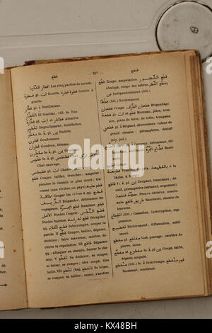 Auf Seite 237 von Alfred Nicolas’ Arabisch-Französisch-Wörterbuch (1938) werden arabische Begriffe mit französischer Übersetzung aufgelistet, wobei Vokabular, Definitionen und Verwendung im Kontext hervorgehoben werden. Stockfoto