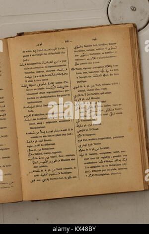 Seite von 1938 Arabisch-Französisch Wörterbuch von Alfred Nicolas, bietet Übersetzungen und linguistische Analyse zwischen Arabisch und Französisch. Stockfoto
