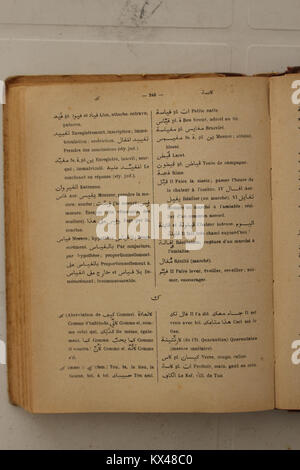 Seite 246 aus Alfred Nicolas’ Arabisch-Französisch-Wörterbuch von 1938, in dem arabische Begriffe mit ihren französischen Übersetzungen zur zweisprachigen Referenz und zum Studium aufgelistet sind. Stockfoto