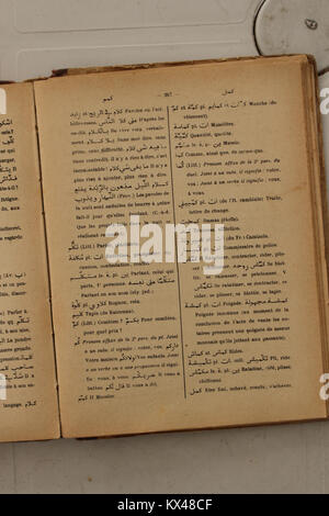 1938 Arabisch-Französisch-Wörterbuch von Alfred Nicolas, das Übersetzungen, Definitionen und sprachliche Informationen für akademisches Studium und Sprachenlernen präsentiert. Stockfoto