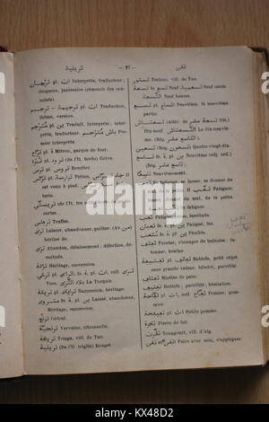 Seite aus Alfred Nicolas' Arabisch-Französisch-Wörterbuch von 1938 mit Übersetzungen aus dem Arabisch ins Französische zur sprachlichen Referenz Stockfoto