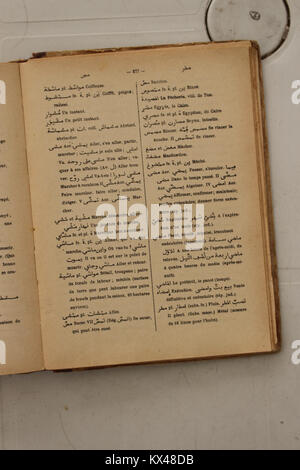Alfred Nicolas' Seite „Arabisch-Französisch Wörterbuch“ 1938 enthält arabische Wörter, französische Äquivalente, Aussprachenleitfäden und Kontextnotizen für die linguistische Forschung. Stockfoto