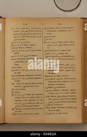 Seite aus dem französisch-arabischen Wörterbuch von Alfred Nicolas aus dem Jahr 1938, das Übersetzungen, Definitionen und den historischen Kontext für arabische und französische Wörter zeigt. Stockfoto