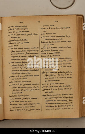 Eine 1938 Seiten von Alfred Nicolas’ Dictionnaire Arabe-Francais enthält Übersetzungen von Arabisch ins Französische und Sprachnotizen für Gelehrte und Übersetzer. Stockfoto