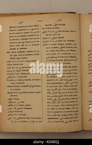 Seite aus Alfred Nicolas’ Arabisch-Französisch-Wörterbuch von 1938, das arabische Wörter mit entsprechenden französischen Übersetzungen und Nutzungsbeispielen illustriert. Stockfoto