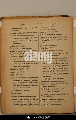 Seite aus dem Arabisch-Französischen Wörterbuch von Alfred Nicolas aus dem Jahr 1938, das Wortübersetzungen, Definitionen und Sprachstrukturen zwischen Arabisch und Französisch zeigt. Stockfoto