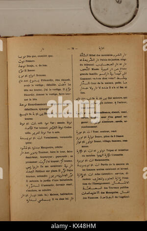 Diese Wörterbuchseite von Alfred Nicolas aus dem Jahr 1938 bietet zweisprachige arabisch-französische Übersetzungen, die sowohl sprachliche Bedeutungen als auch kulturelle Terminologie veranschaulichen. Stockfoto