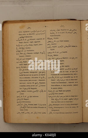 Das französisch-arabische Wörterbuch von Alfred Nicolas (1938) bietet Definitionen, Übersetzungen und Anwendungsbeispiele, um das Lernen und Verstehen zwischen Französisch und Arabisch zu unterstützen. Stockfoto