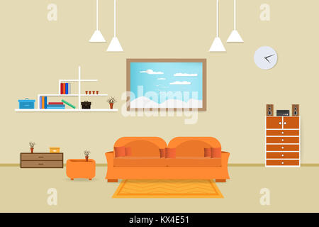 Innenbereich Wohnzimmer mit Sofa orange und Bücherregal Fenster in der Wand Hintergrund entspannen. Vector Illustration Stockfoto