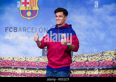 Barcelona, Spanien. 07 Jan, 2018. Philippe Coutinho während seiner Präsentation wie neue Spieler des FC Barcelona am 7. Januar 2018 in Barcelona, Spanien. (Credit: GTO/Urbanandsport/Gtres Online) Credit: Gtres Información más Comuniación auf Linie, S.L./Alamy leben Nachrichten Stockfoto